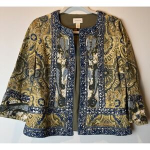 Chicos Women's Tan Blue 3/4 Sleeve Jacket Size 0 (S 4/6) Embellished Blazer